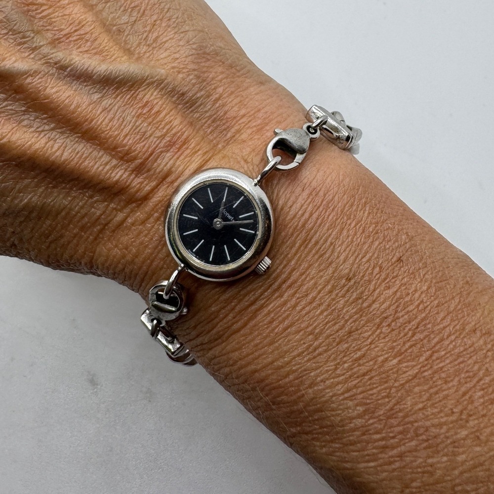 Monet Vintage Silver Tone Black Dial Chunky Curb Link Chain Bracelet Watch